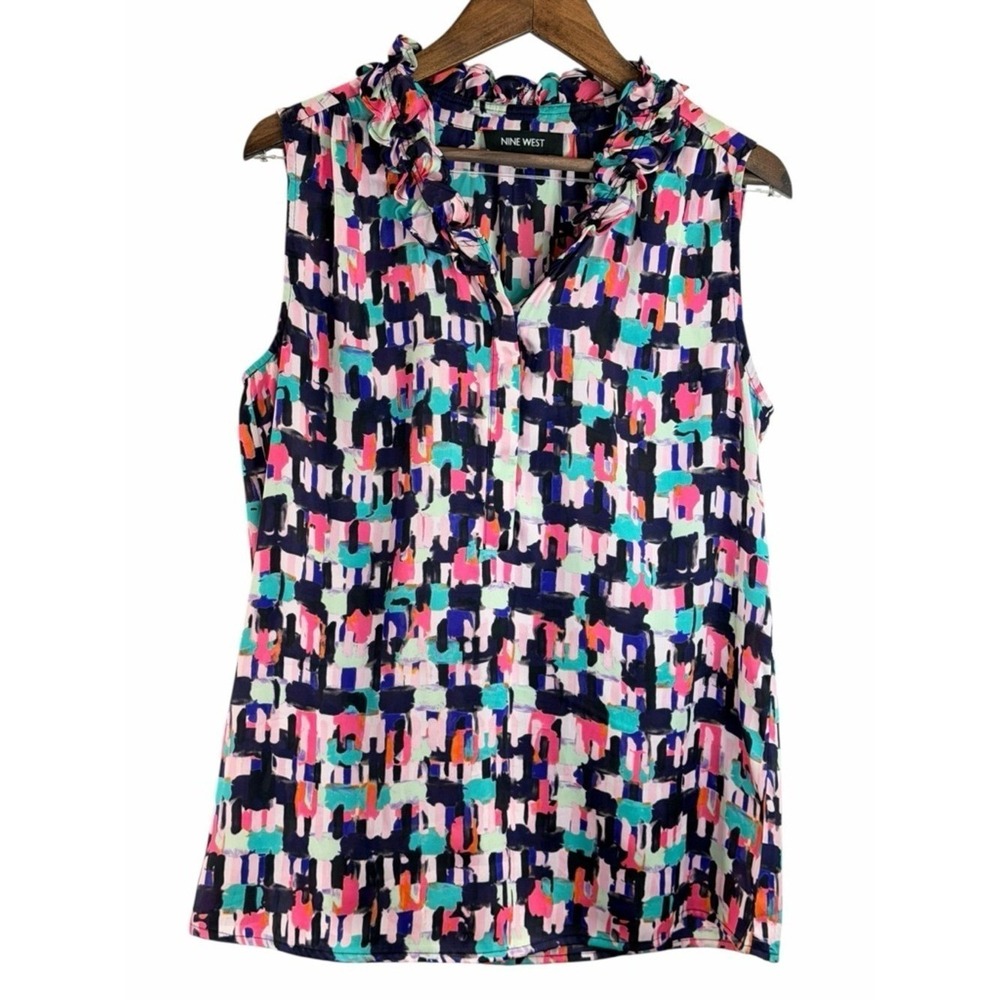 Nine West Blouse Womens XS Multi Color Abstract Ruffle Neck Sleeveless Top